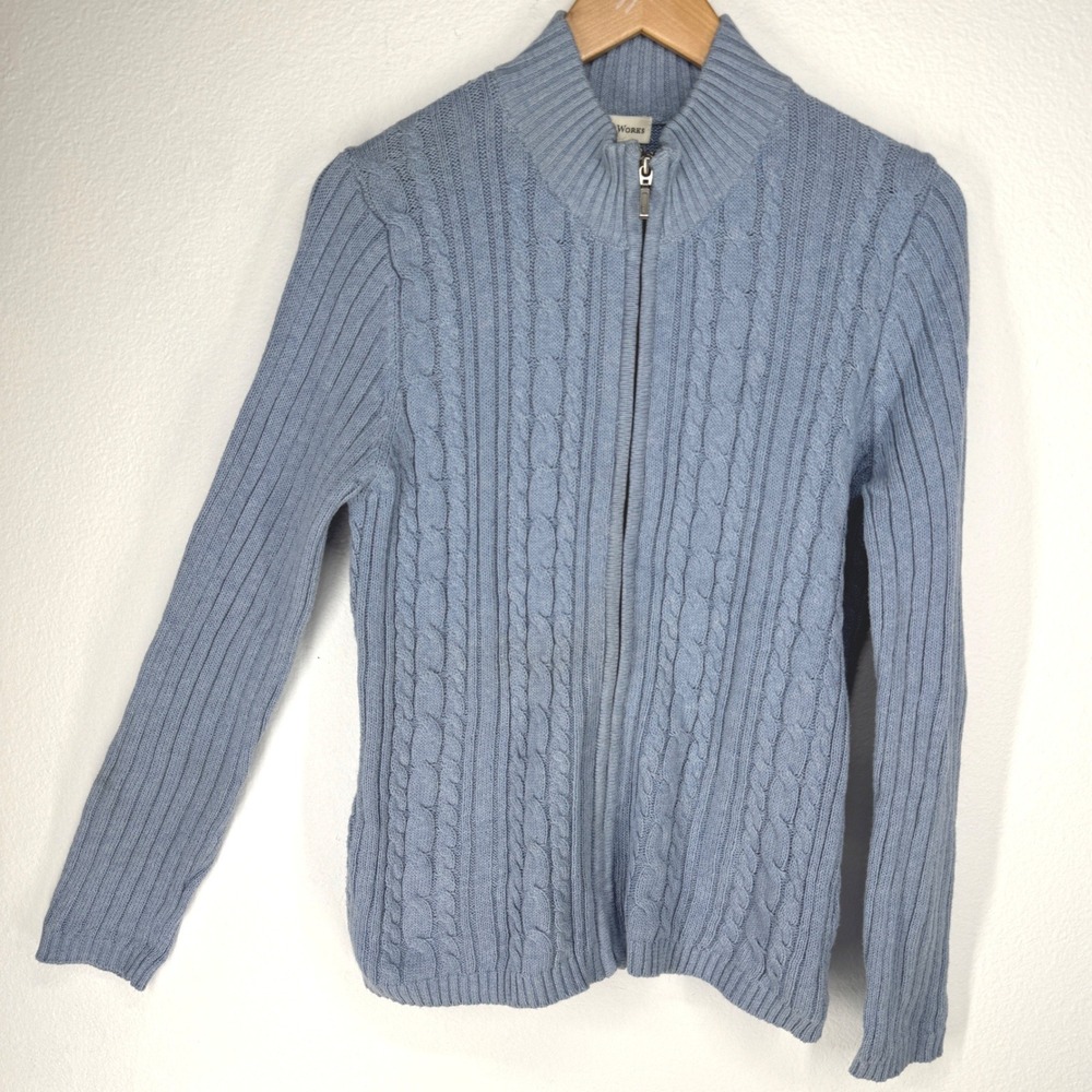 Vintage Womens Fisherman‎ Cable Knit Cotton Cardigan Sweater Small Coastal Blue